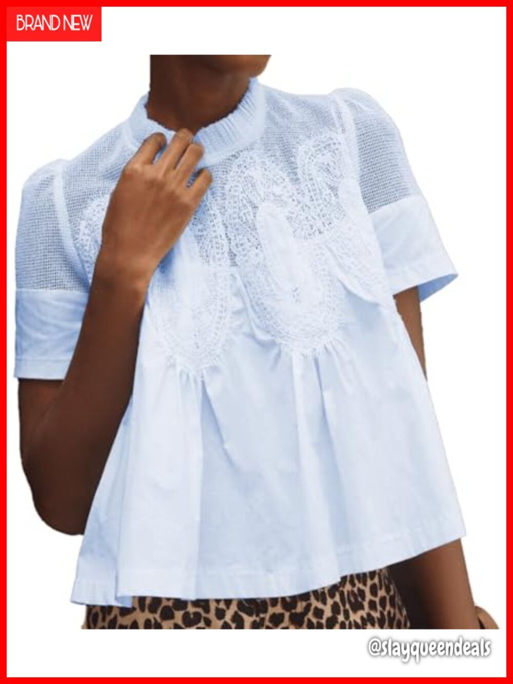 Women Lace Detail Cotton Poplin Blouse Short Sleeve Crew Neck Flared Top